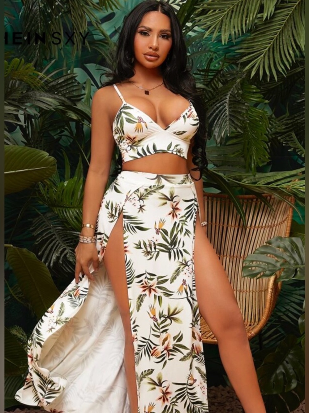 SHEIN White Tropical Print Two-Piece Maxi Coverup Set